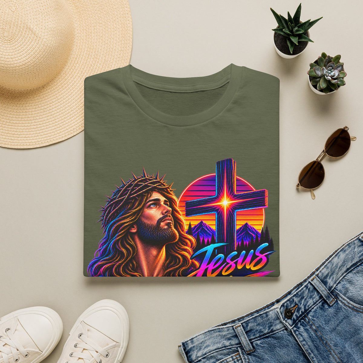 Jesus Is King T‑Shirt — Retro Neon Cross & Christ Portrait