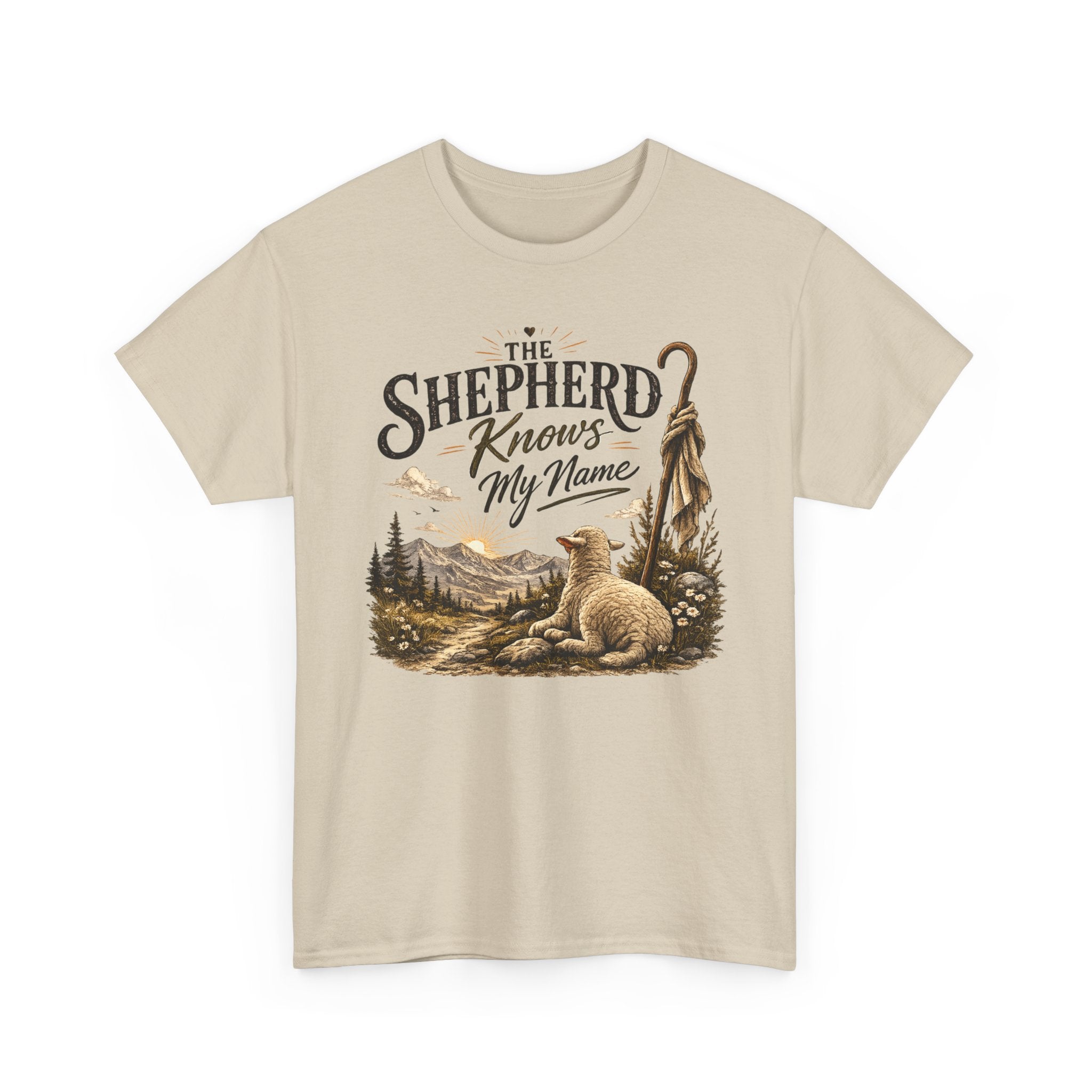 The Shepherd Knows My Name T‑Shirt — Christian Faith Tee with Shepherd & Sheep Design