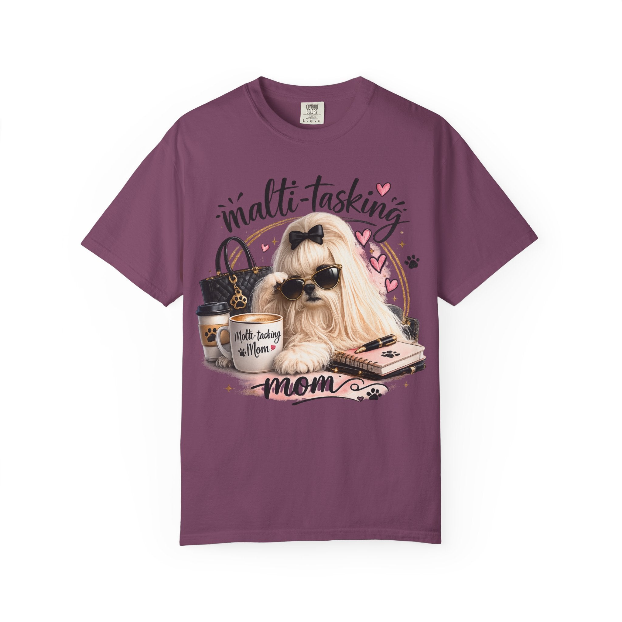 Multi-Tasking Mom T-Shirt – Cute Maltese Dog with Coffee & Handbag Graphic