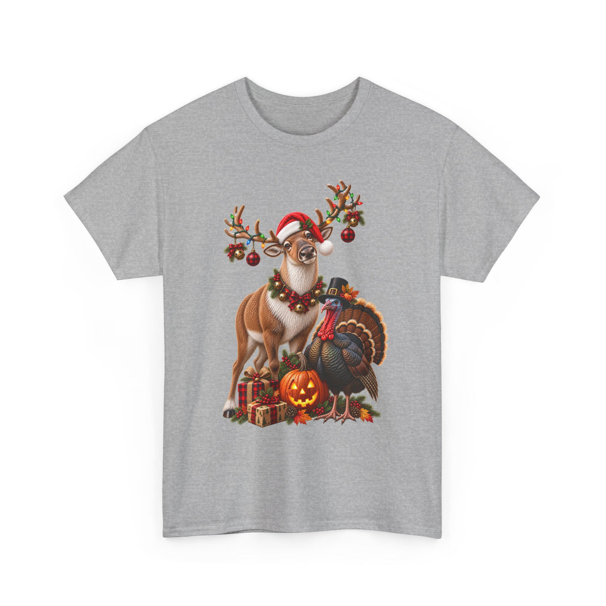 Holiday Mashup Tee — Reindeer with Turkey, Santa Hat & Jack-O’-Lantern