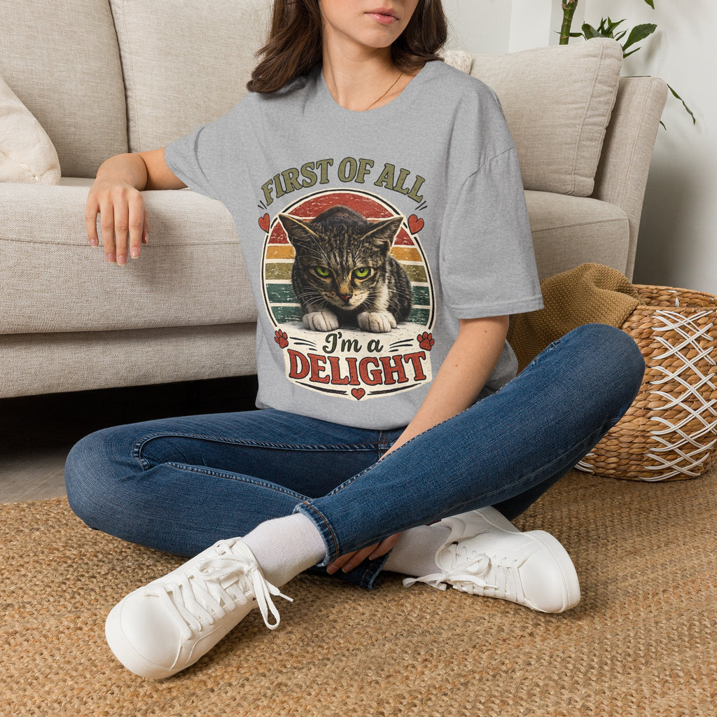 Cat T‑Shirt — “First of All I’m a Delight” Vintage Cat Graphic Tee