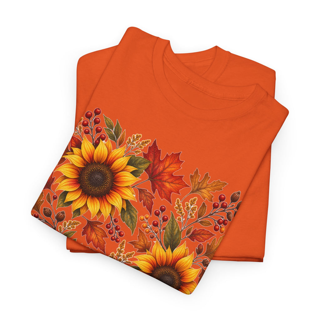 Sunflower & Autumn Leaves Tee — Fall Floral Graphic T-Shirt