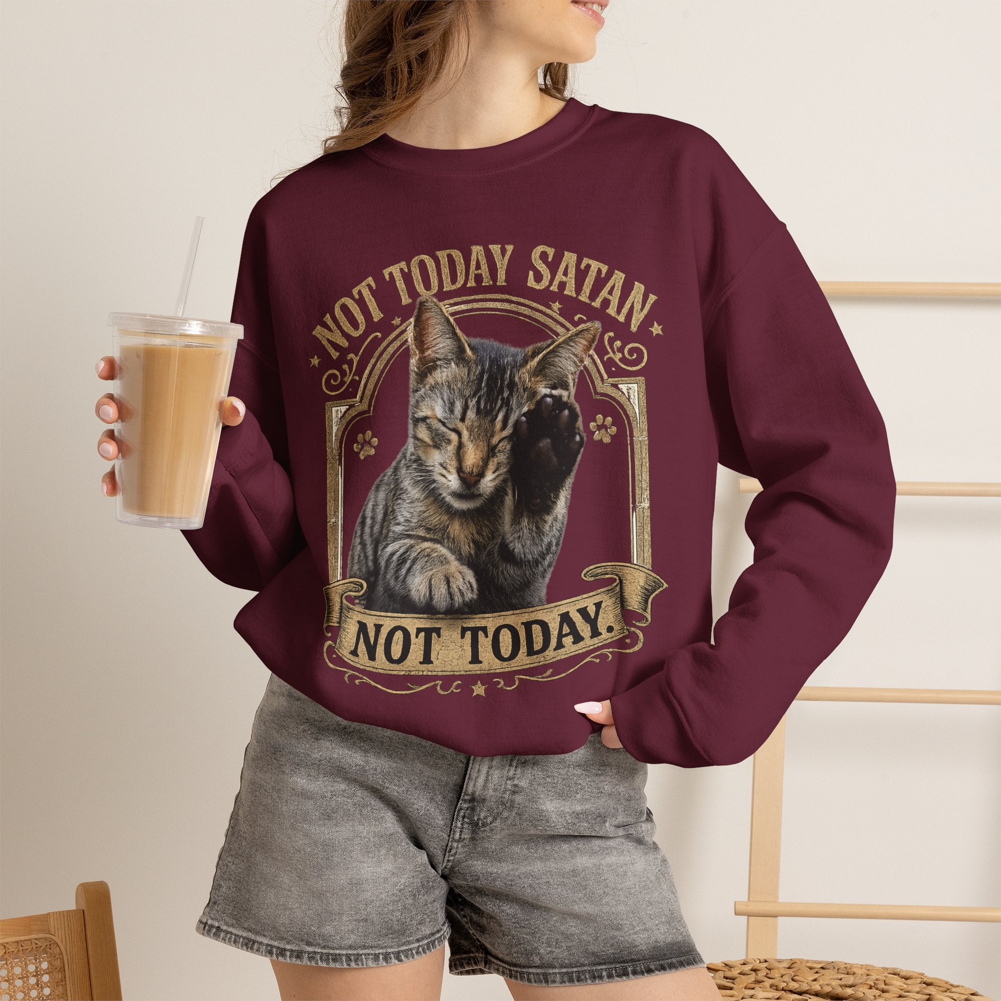 Not Today Satan Cat Sweatshirt – Funny Vintage Cat Crewneck