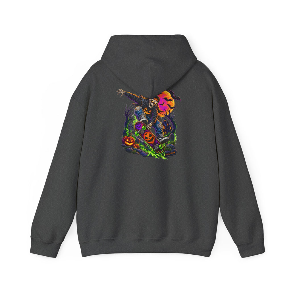 Halloween Skeleton skateboarder Hoodie — Pumpkin Patch Horror Graphic Sweatshirt