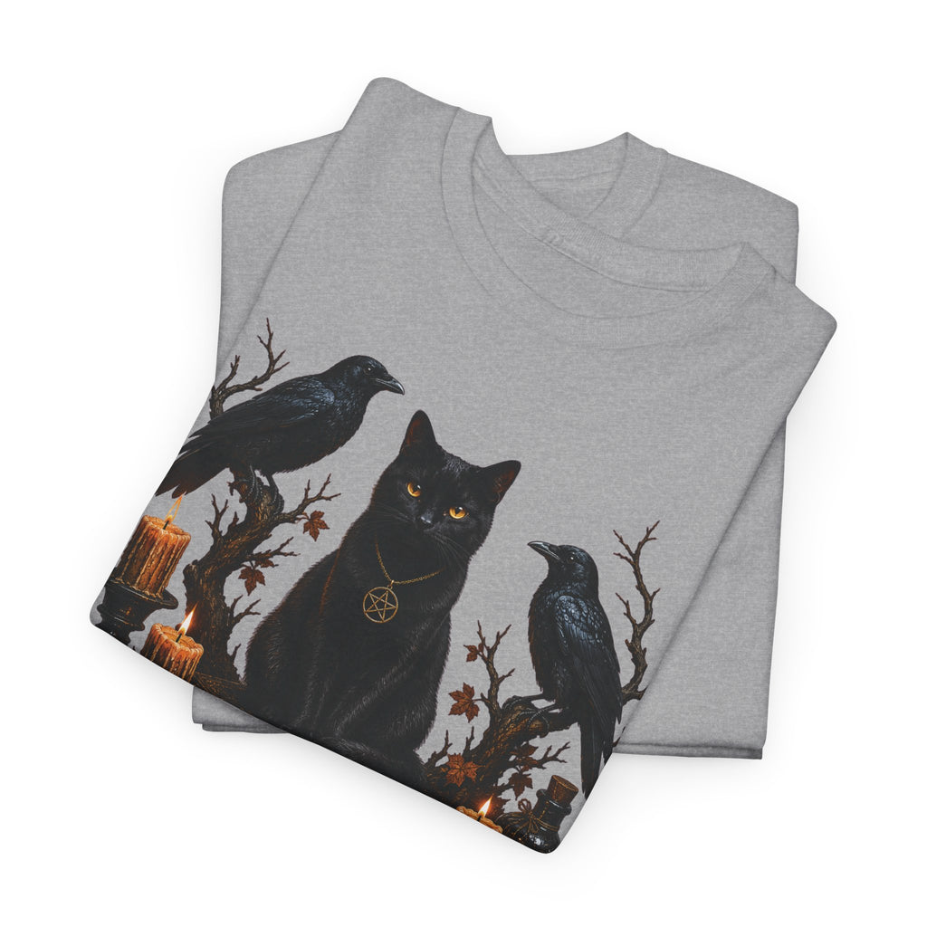Witchy Black Cat T-Shirt — Candlelit Raven & Grimoire Gothic Tee