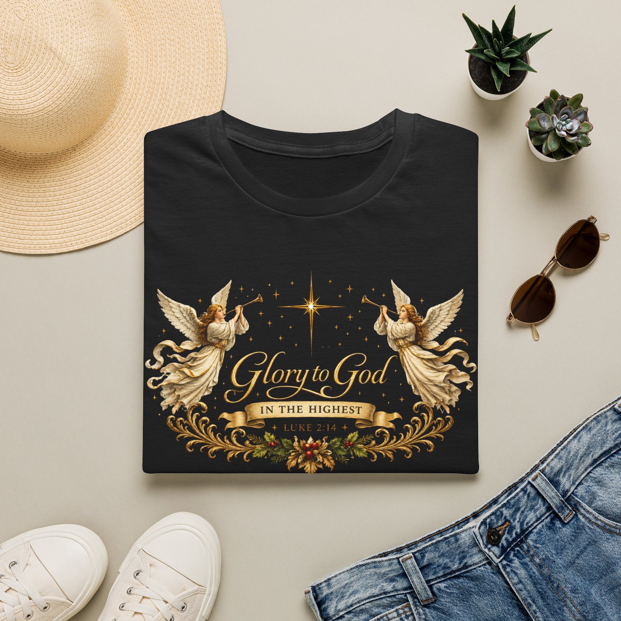 Glory to God Angel Christmas T-Shirt — "In the Highest" Nativity Holiday Tee