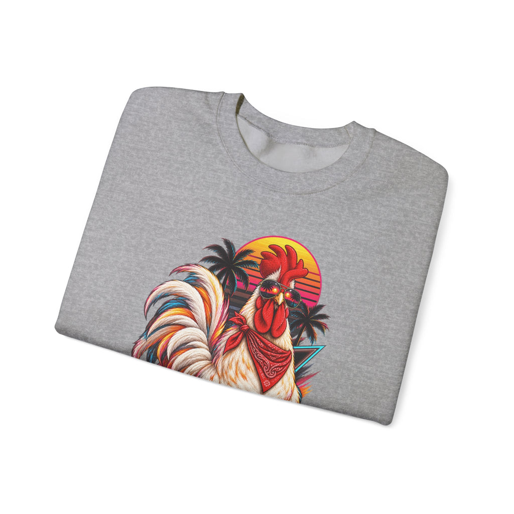 Rooster Sunset Crewneck Sweatshirt — Tropical Farm Rooster Graphic