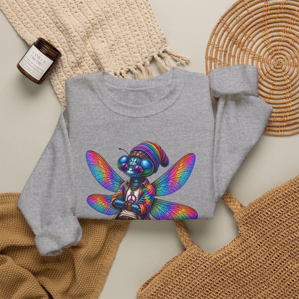 Neon Dragonfly Crewneck Sweatshirt — Rainbow Cyberpunk Kitty Graphic