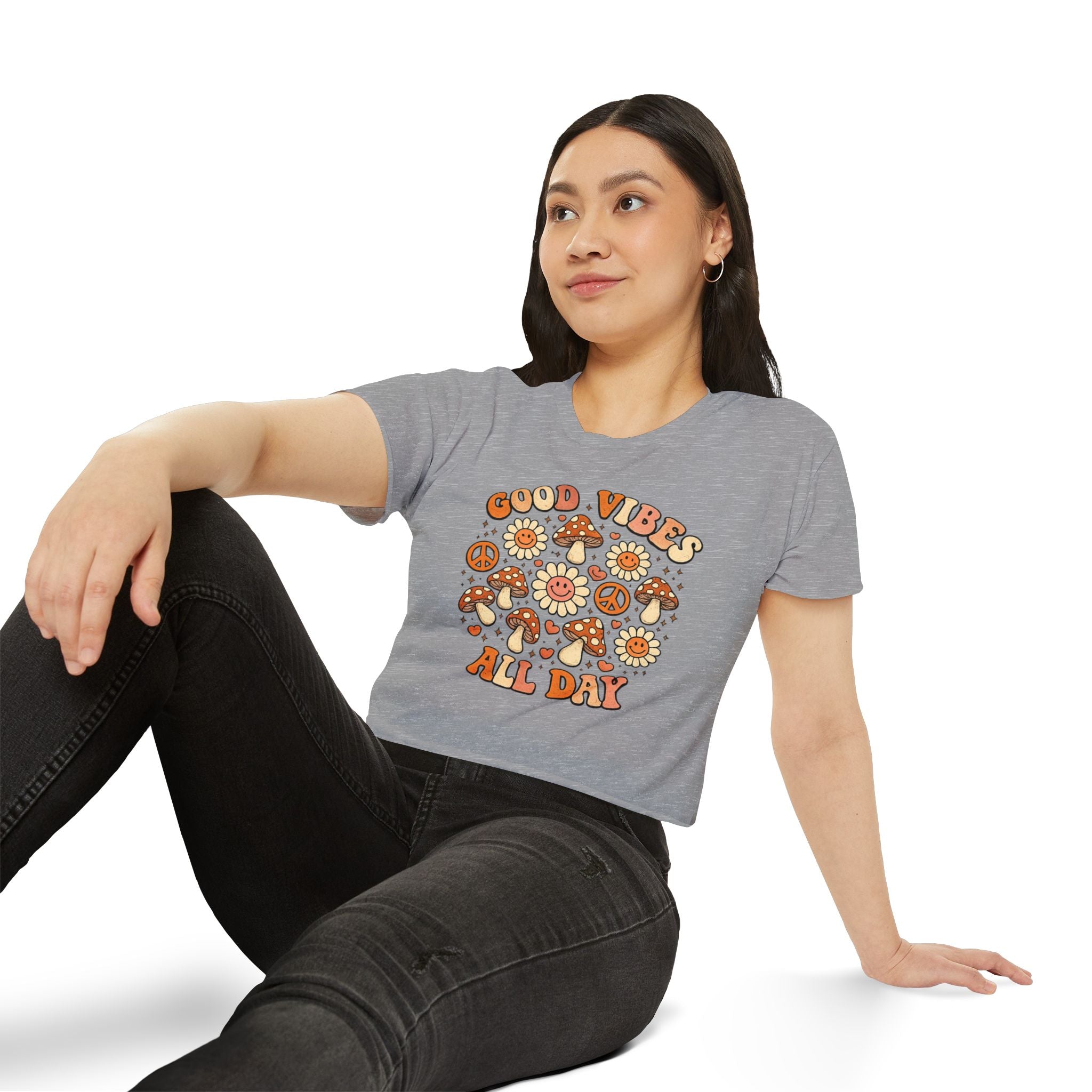 Good Vibes All Day Crop Top — Retro Mushroom & Sun Festival Tee