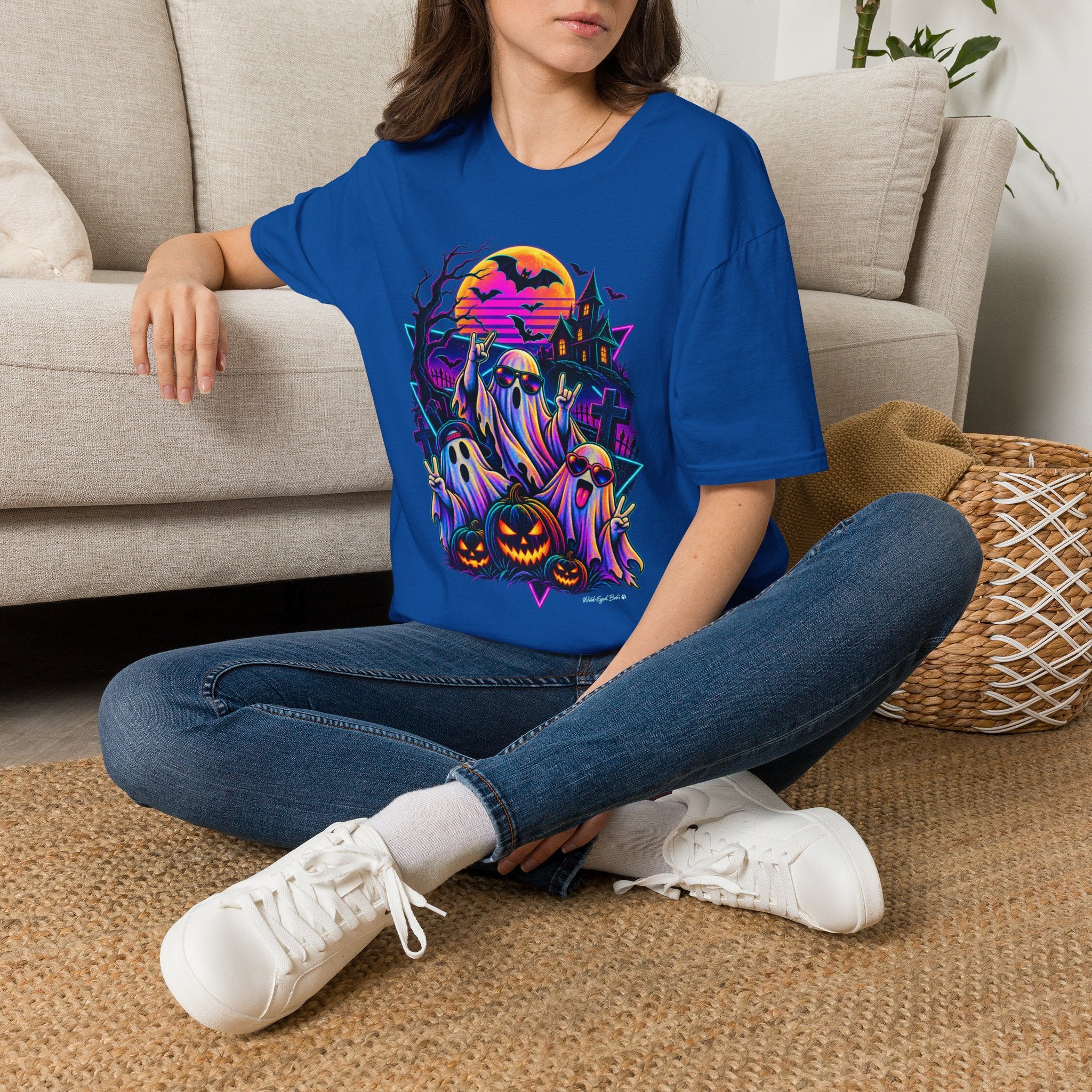Halloween Neon Ghost T-Shirt — Retro Haunted House Pumpkin Design