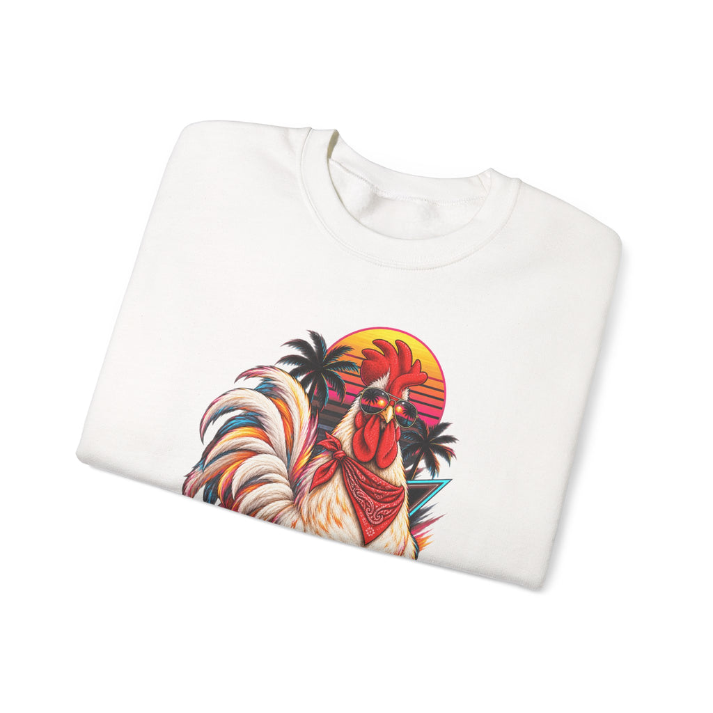 Rooster Sunset Crewneck Sweatshirt — Tropical Farm Rooster Graphic