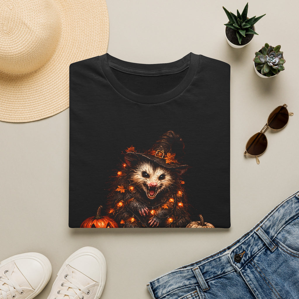 Halloween Possum T‑Shirt — Cute Spooky Opossum in Witch Hat with Fairy lights and Pumpkins
