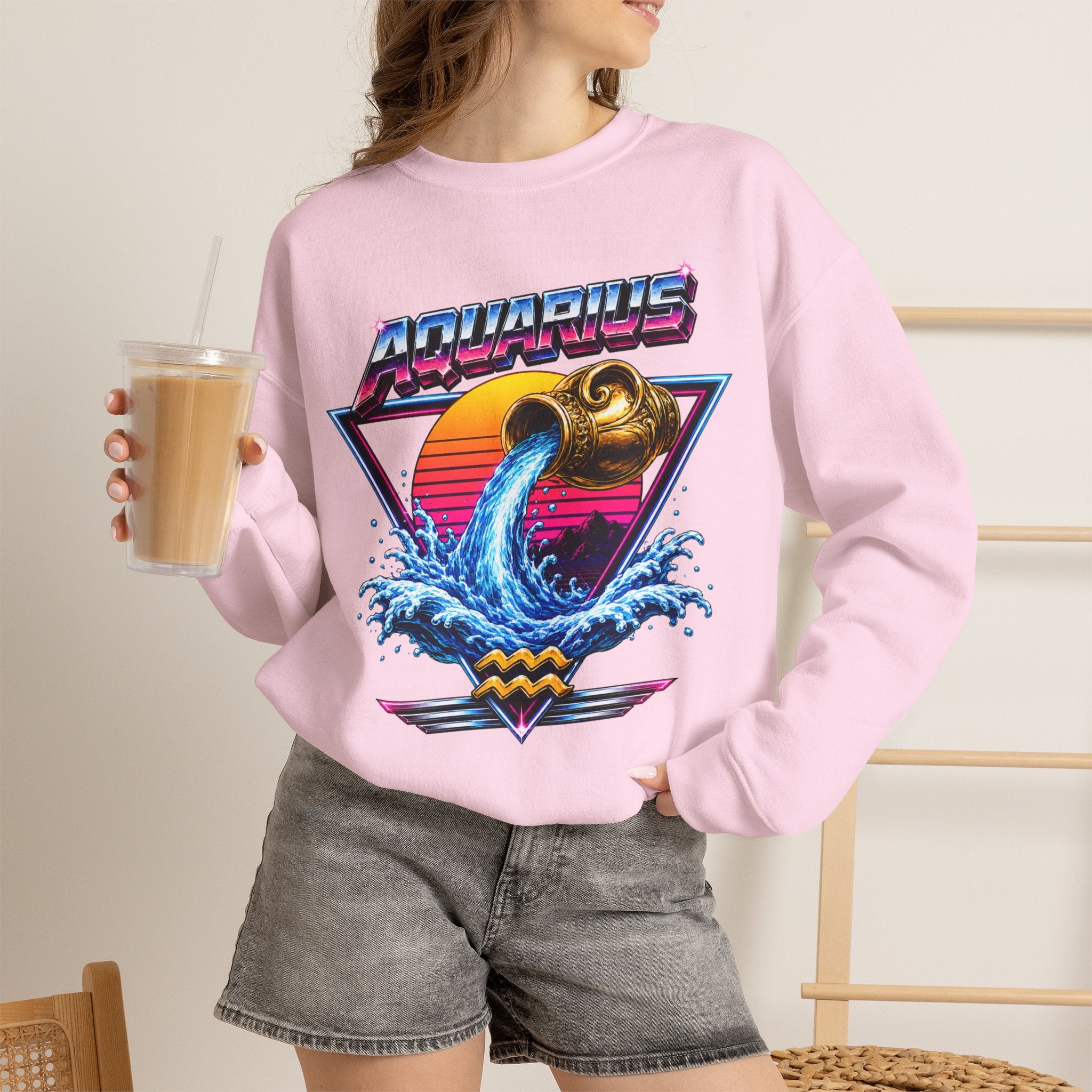 Aquarius Zodiac Crewneck Sweatshirt — Retro Neon Water-Bearer Design