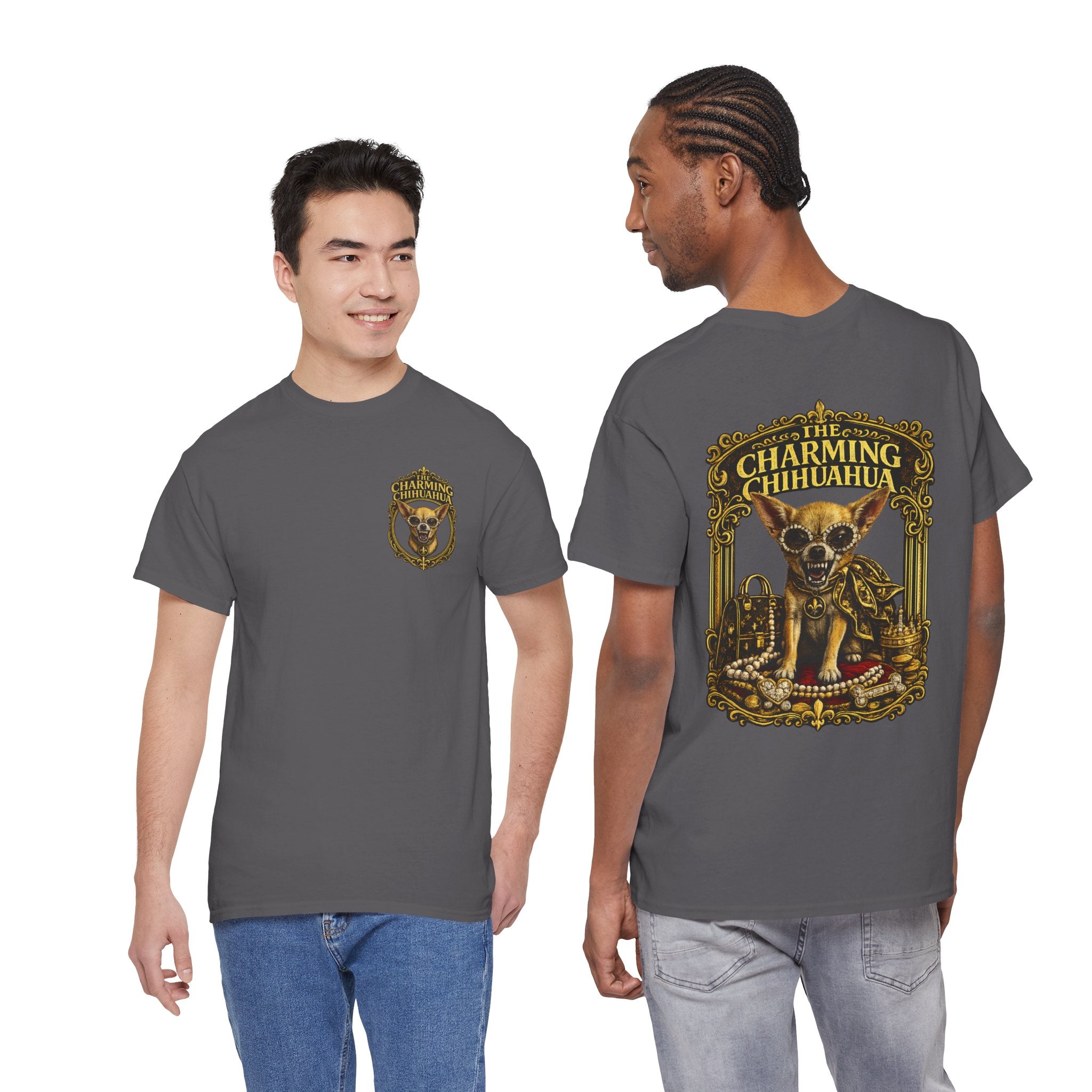 Chihuahua Crest Tee with back print — Vintage Chihuahua "THE CHARMNG CHIHUAHUA"
