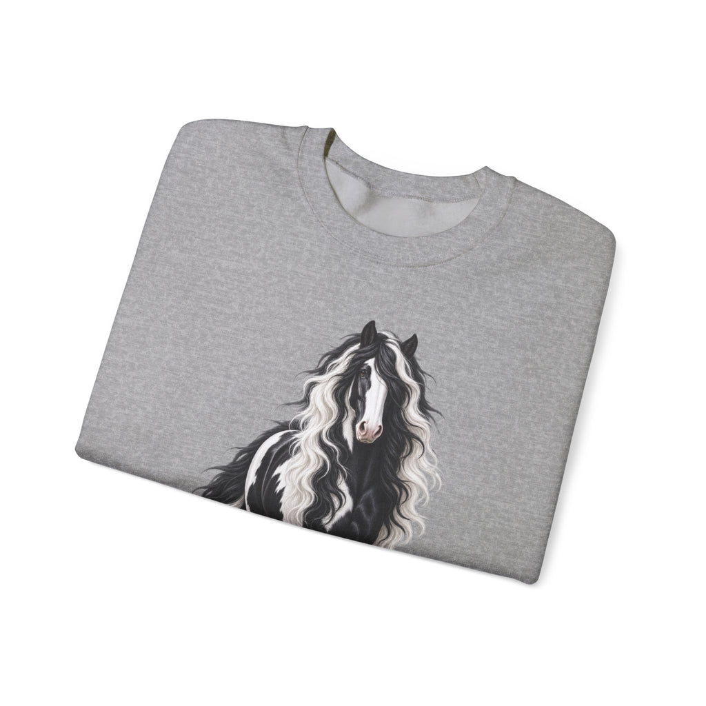 Gypsy Vanner Horse Crewneck Sweatshirt — Black & White Fluffy Pony Graphic