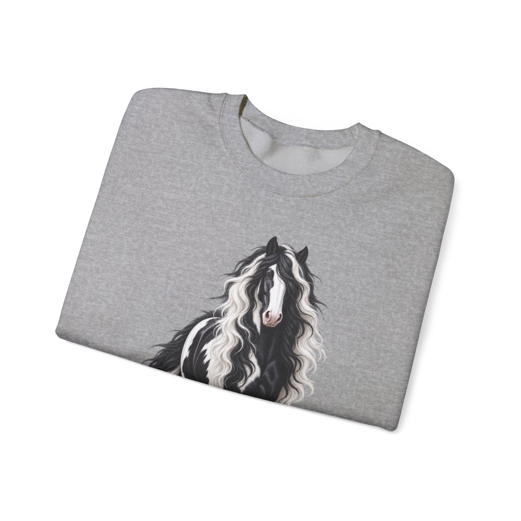 Gypsy Vanner Horse Crewneck Sweatshirt — Black & White Fluffy Pony Graphic