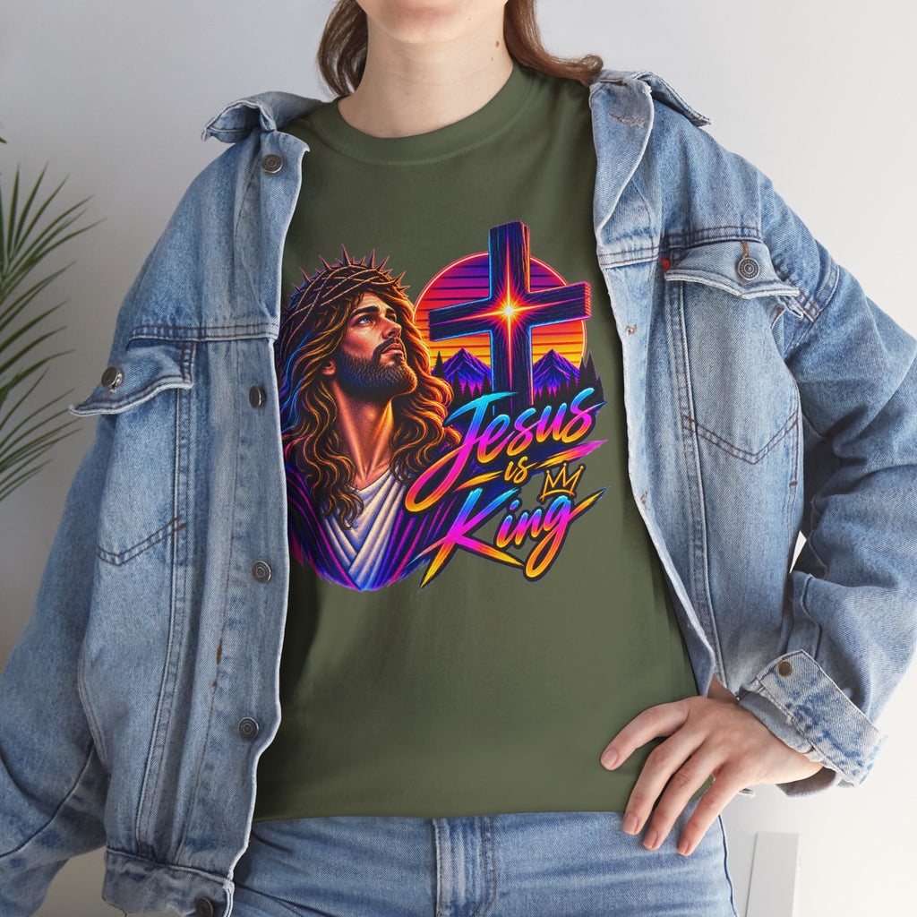Jesus Is King T-Shirt — Neon Portrait Cross Christian Tee