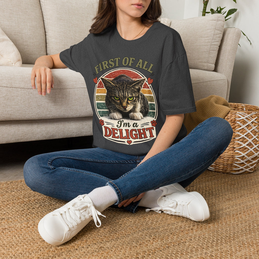 Cat T‑Shirt — “First of All I’m a Delight” Vintage Cat Graphic Tee