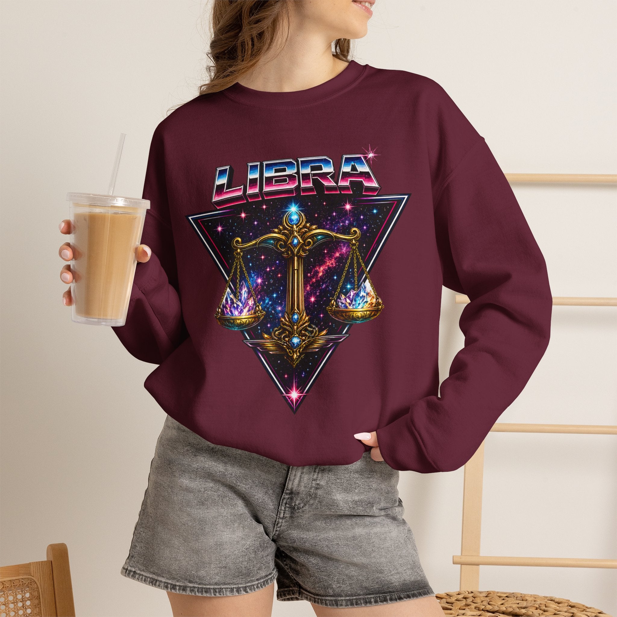 Libra Zodiac Crewneck Sweatshirt — Retro Cosmic Scales Astrology Graphic