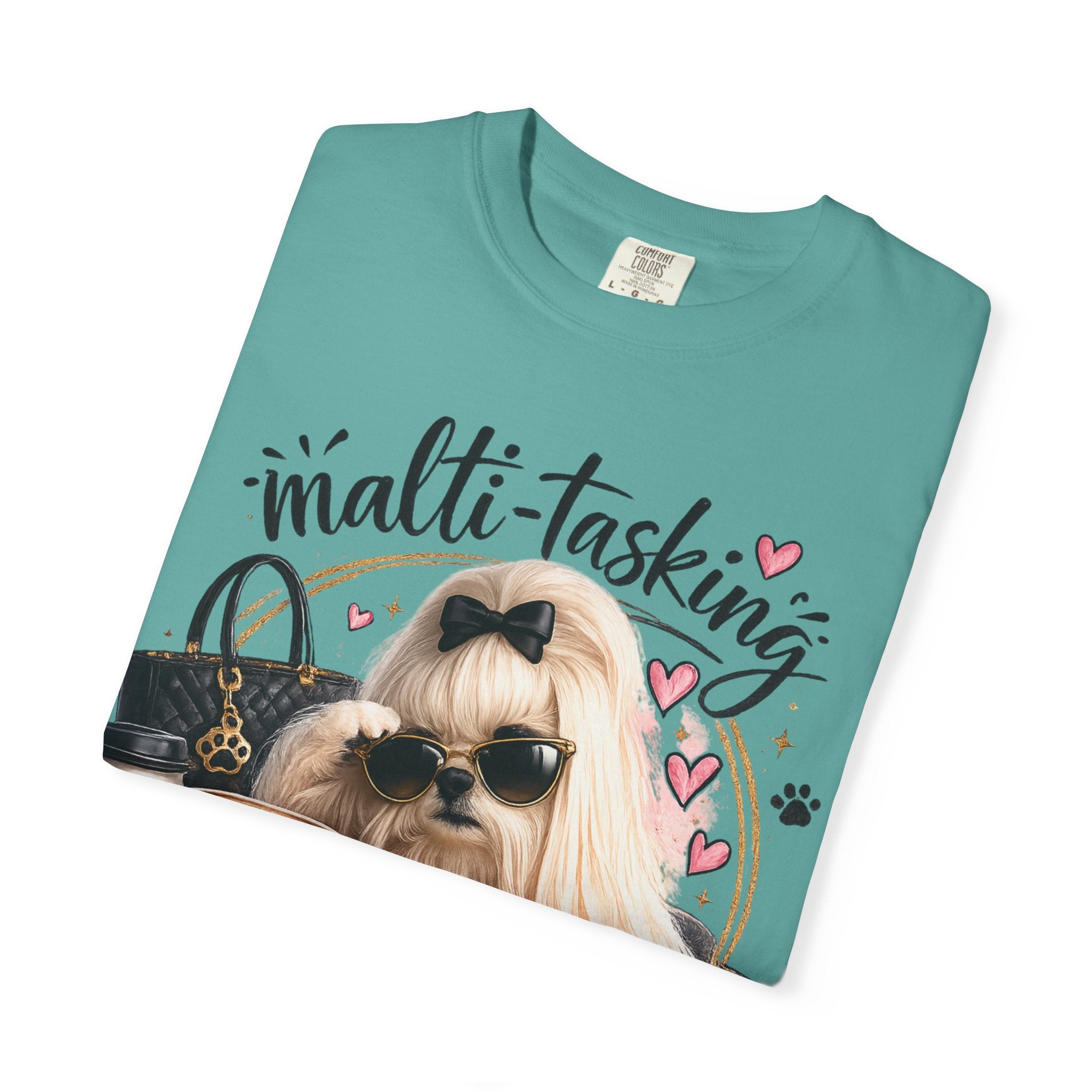 Multi-Tasking Mom T-Shirt – Cute Maltese Dog with Coffee & Handbag Graphic