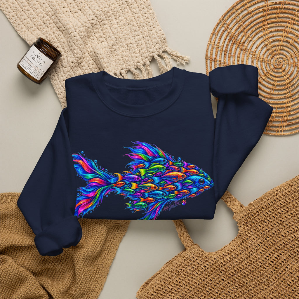Colorful Fish Crewneck Sweatshirt — Vibrant Psychedelic Fish Graphic