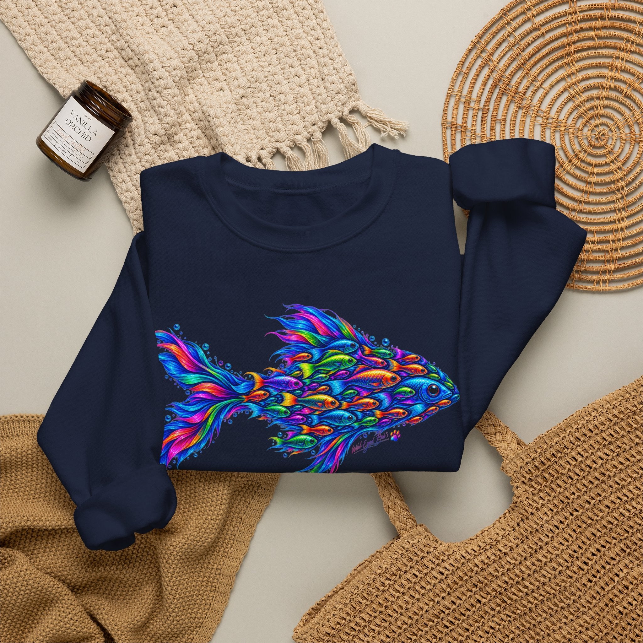 Colorful Fish Crewneck Sweatshirt — Vibrant Psychedelic Fish Graphic