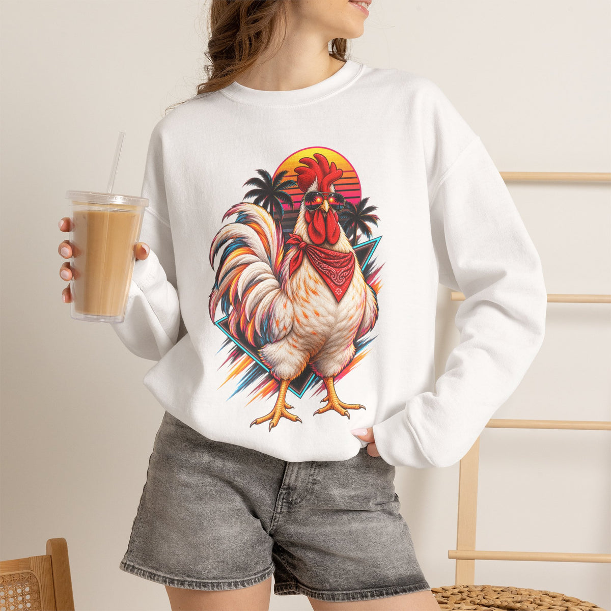 Rooster Sunset Crewneck Sweatshirt — Tropical Farm Rooster Graphic