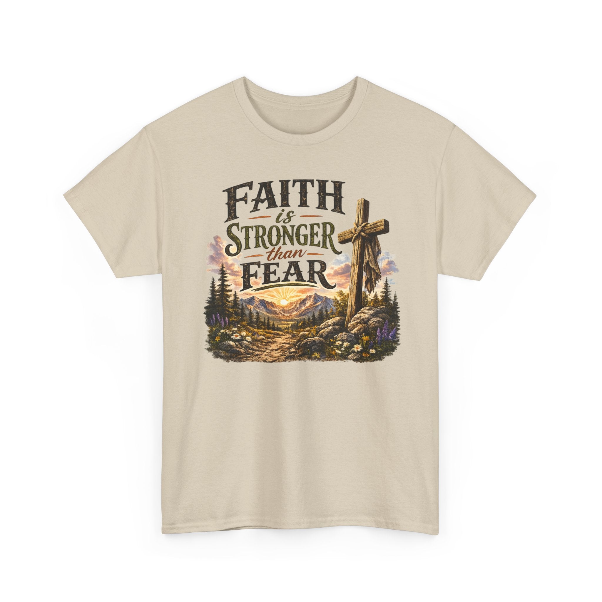 Faith Is Stronger Than Fear T-Shirt — Christian Cross Mountain Graphic Tee