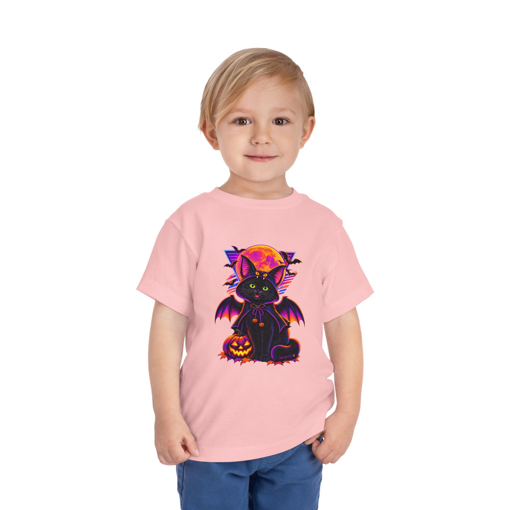 Toddler Tee — Neon Halloween Bat Cat with Pumpkin Graphic