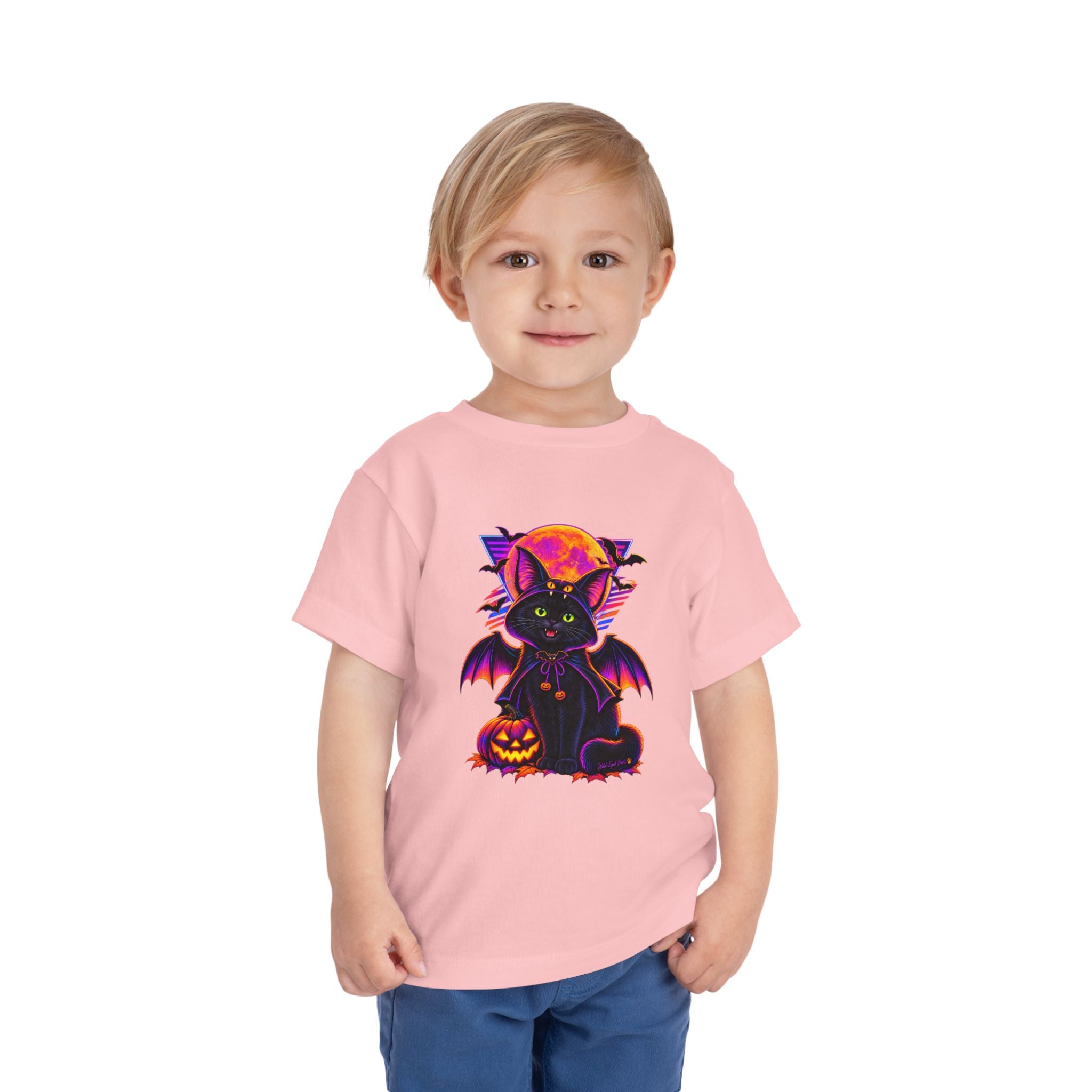 Toddler Tee — Neon Halloween Bat Cat with Pumpkin Graphic