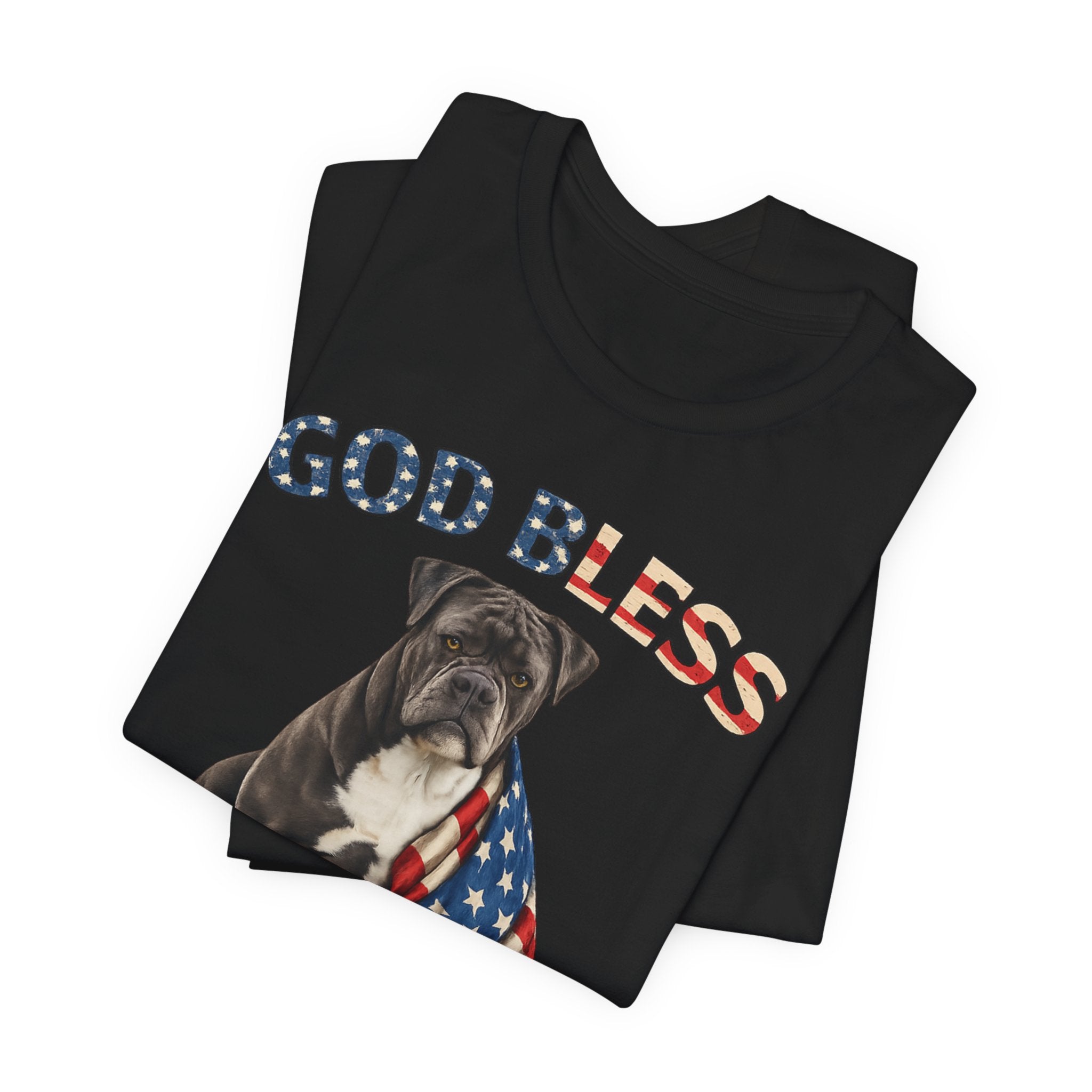 Patriotic Bulldog Tee – "God Bless America" USA Flag Dog T-Shirt