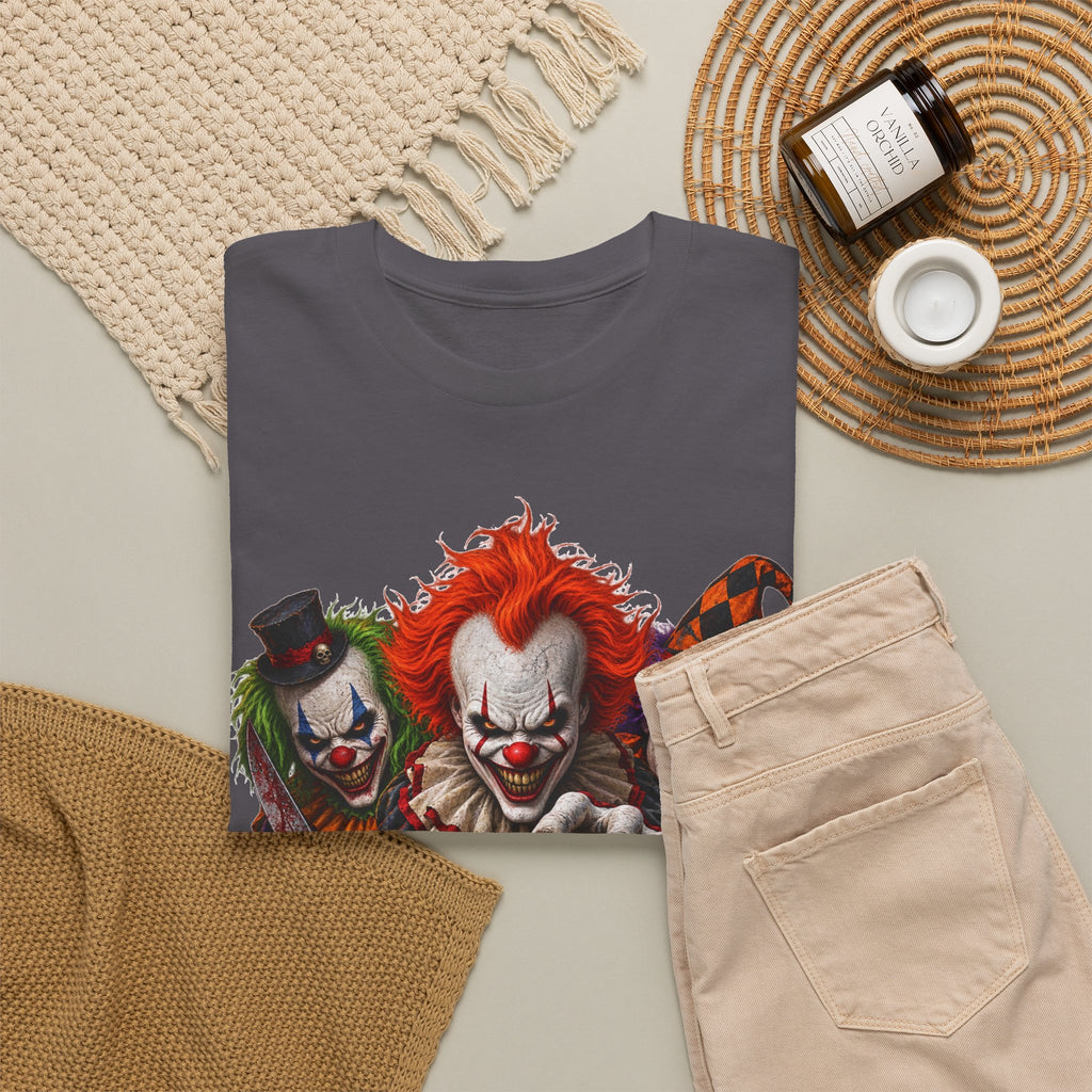 Horror Clown Trio Halloween T-Shirt — Scary Clown Pumpkin Design