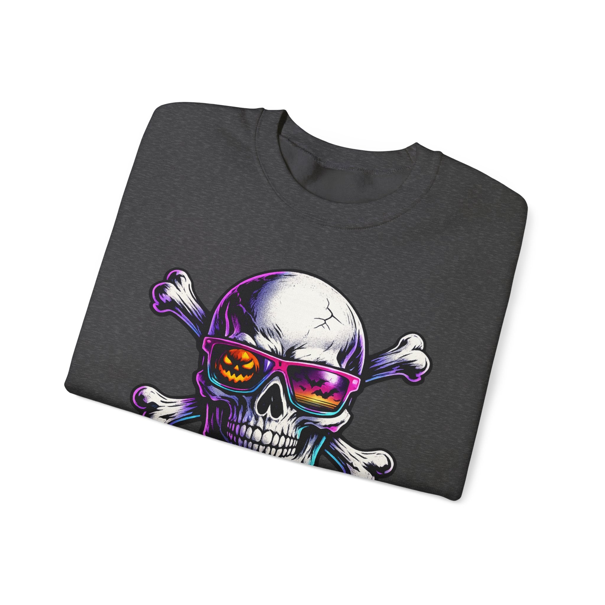 Skull & Crossbones Crewneck Sweatshirt — Neon Sunglasses Halloween Skull Graphic