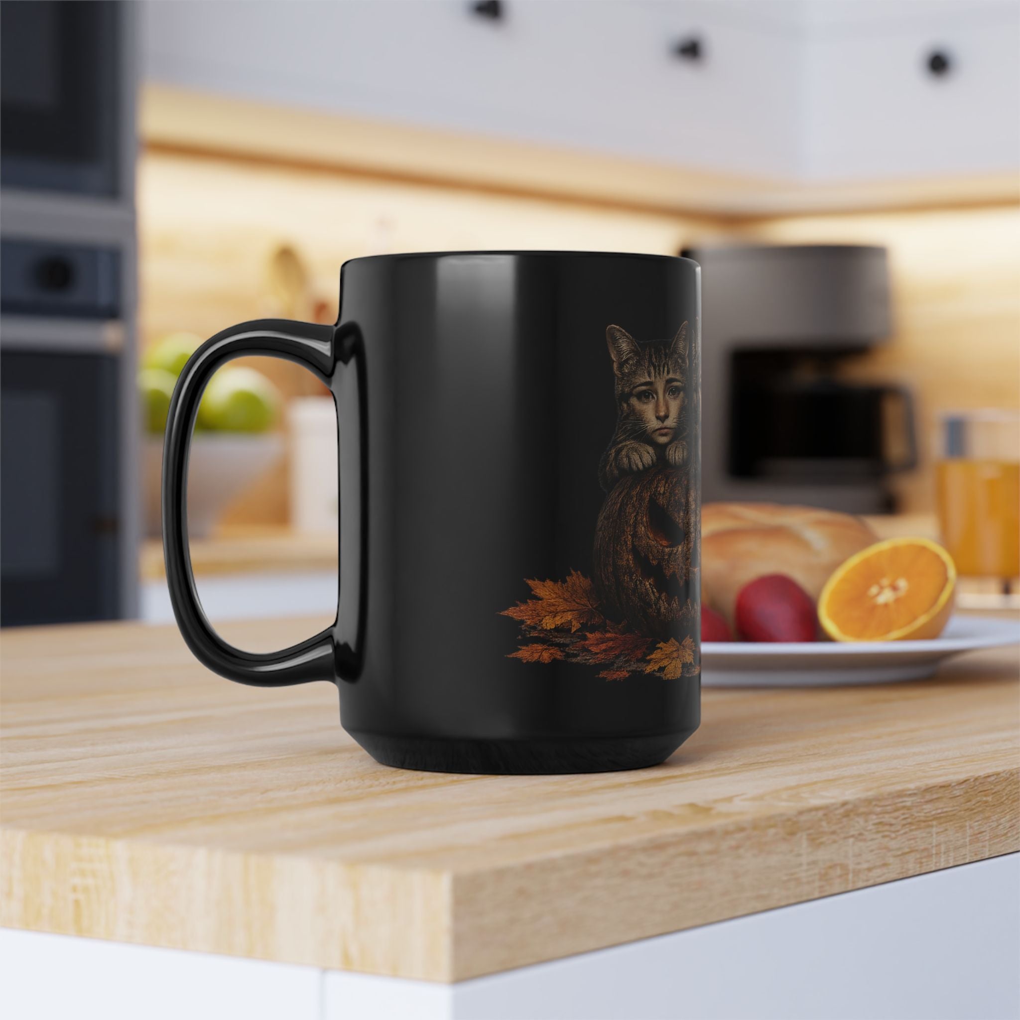 Halloween anthropomorphic Cats Black Mug — Pumpkin Jack-O'-Lantern & Tabby Kittens Coffee Cup (11oz/15oz)