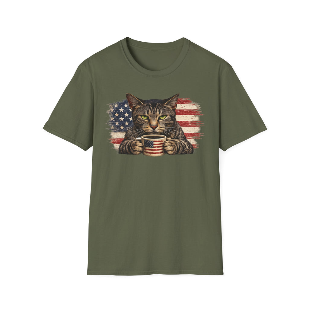 Patriotic Cat T-Shirt — American Flag Kitty with Coffee Mug