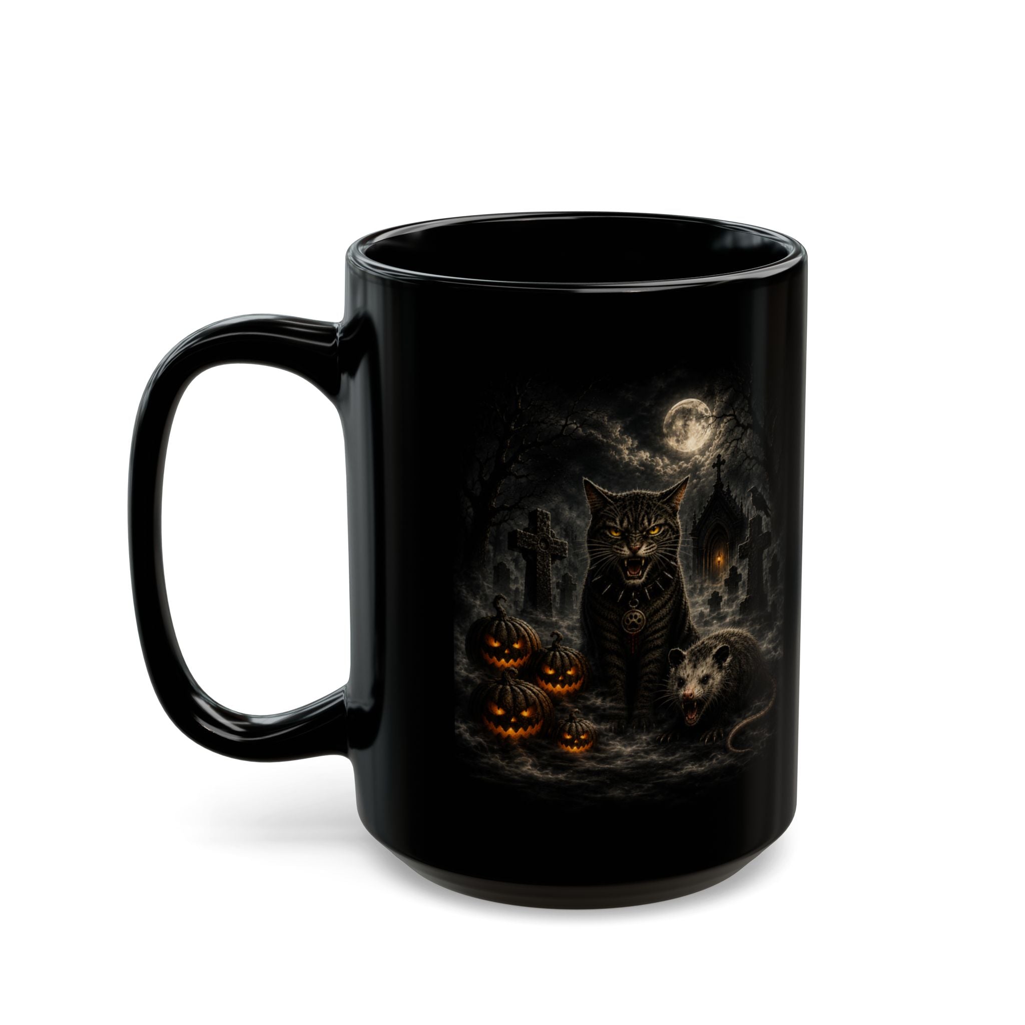 Gothic Cross Black Coffee Mug — Smoky Skull & Rose 11oz/15oz