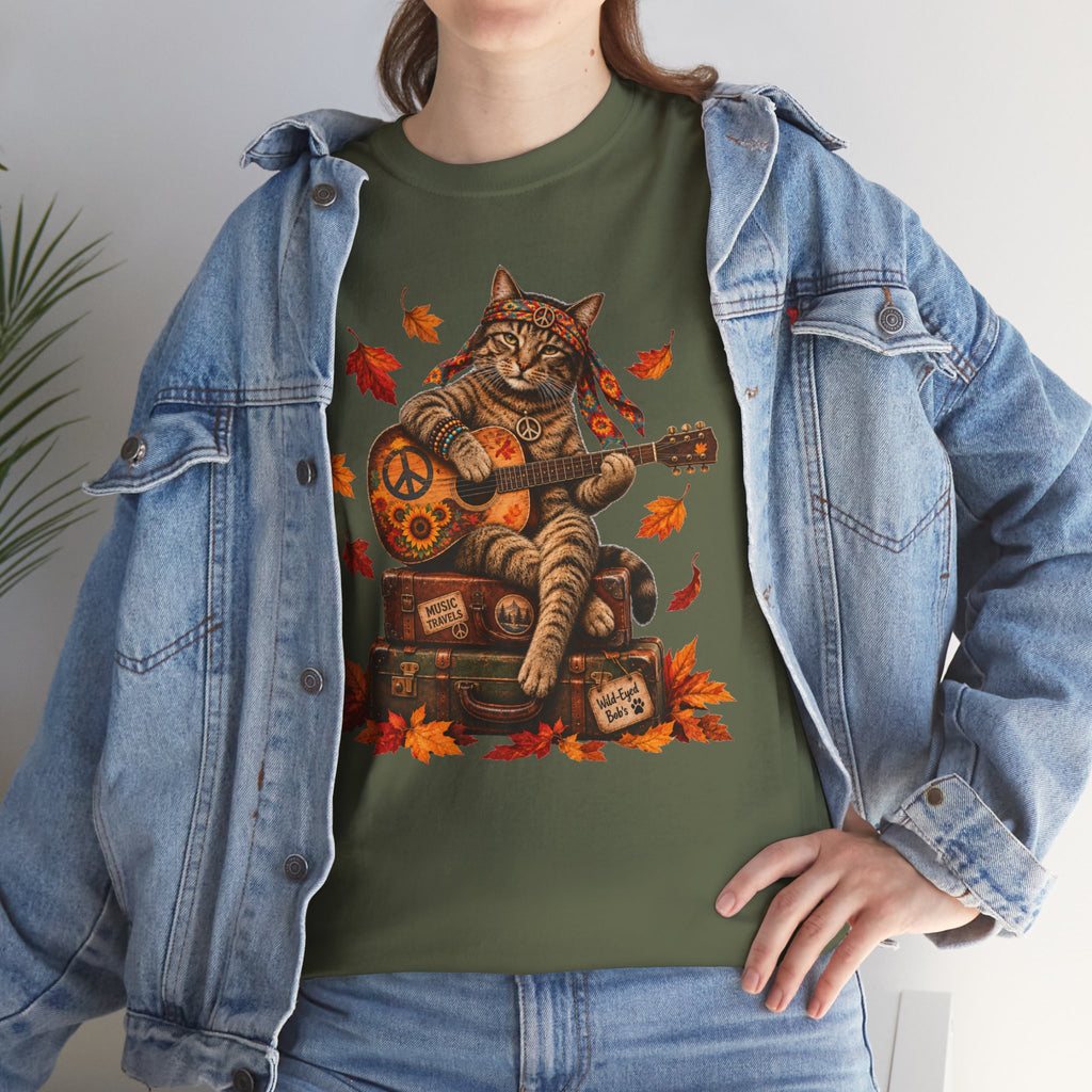 Boho  Cat Guitar T-Shirt - Hippie cat fall shirt, Peace Love Music Tee