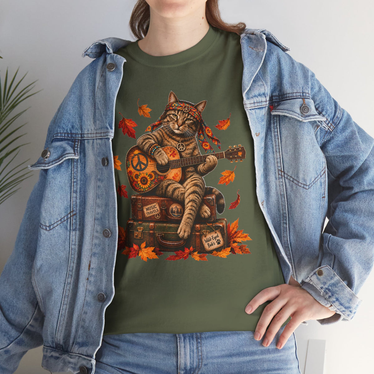Boho  Cat Guitar T-Shirt - Hippie cat fall shirt, Peace Love Music Tee