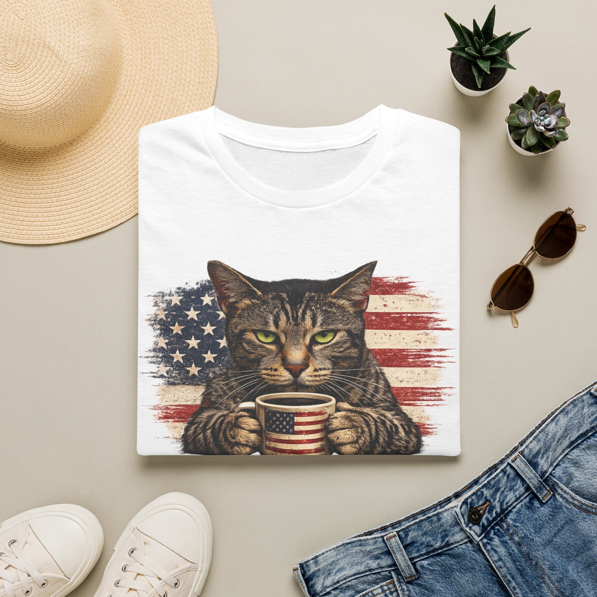 Patriotic Cat T-Shirt — American Flag Kitty with Coffee Mug