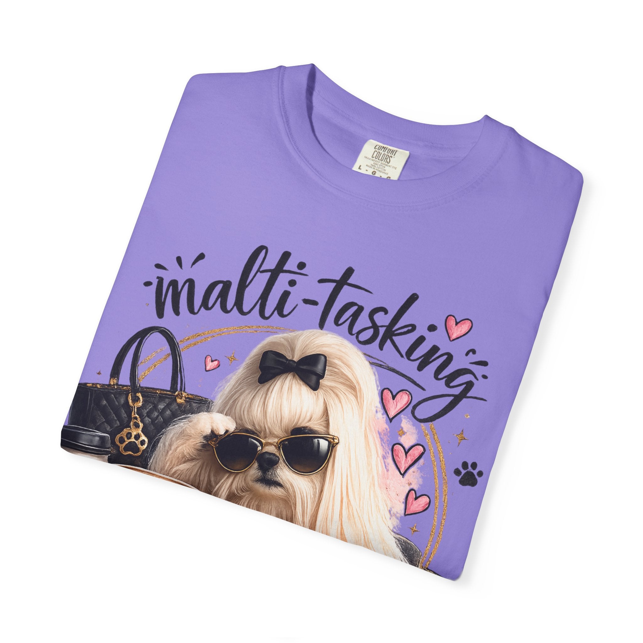Multi-Tasking Mom T-Shirt – Cute Maltese Dog with Coffee & Handbag Graphic
