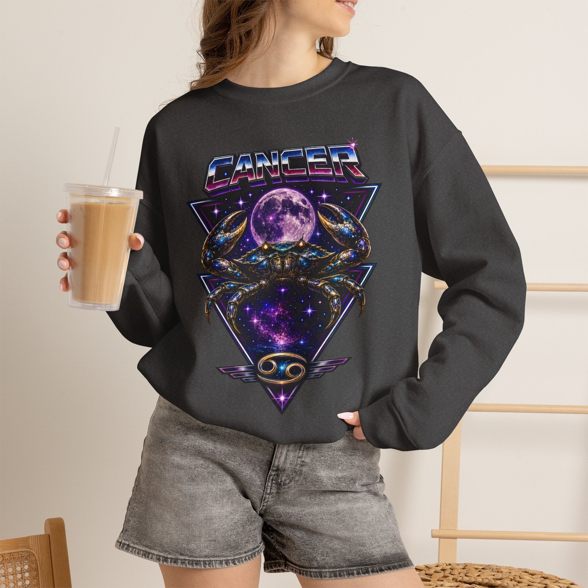 Cancer Zodiac Crewneck Sweatshirt — Retro Cosmic Crab Astrology Design