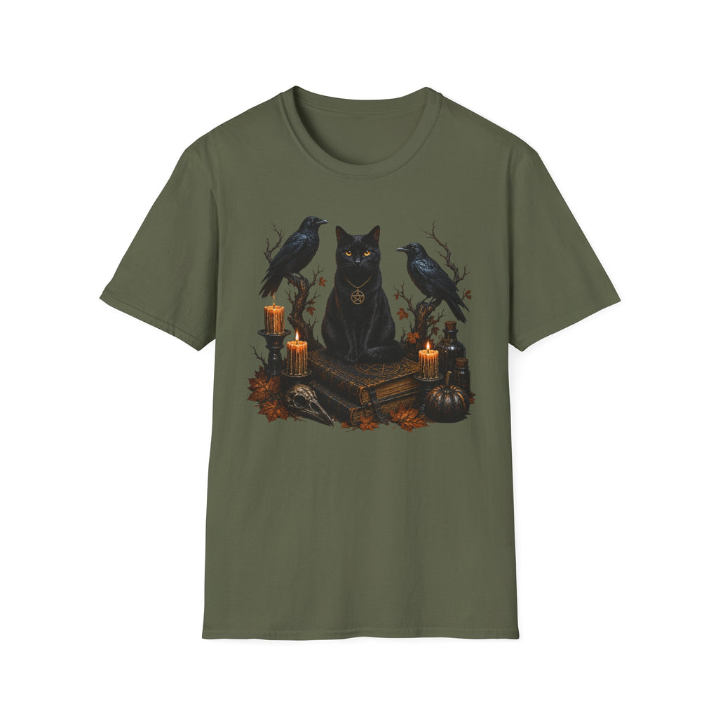 Occult Black Cat T-Shirt — Witchy Candle & Raven Spell Design