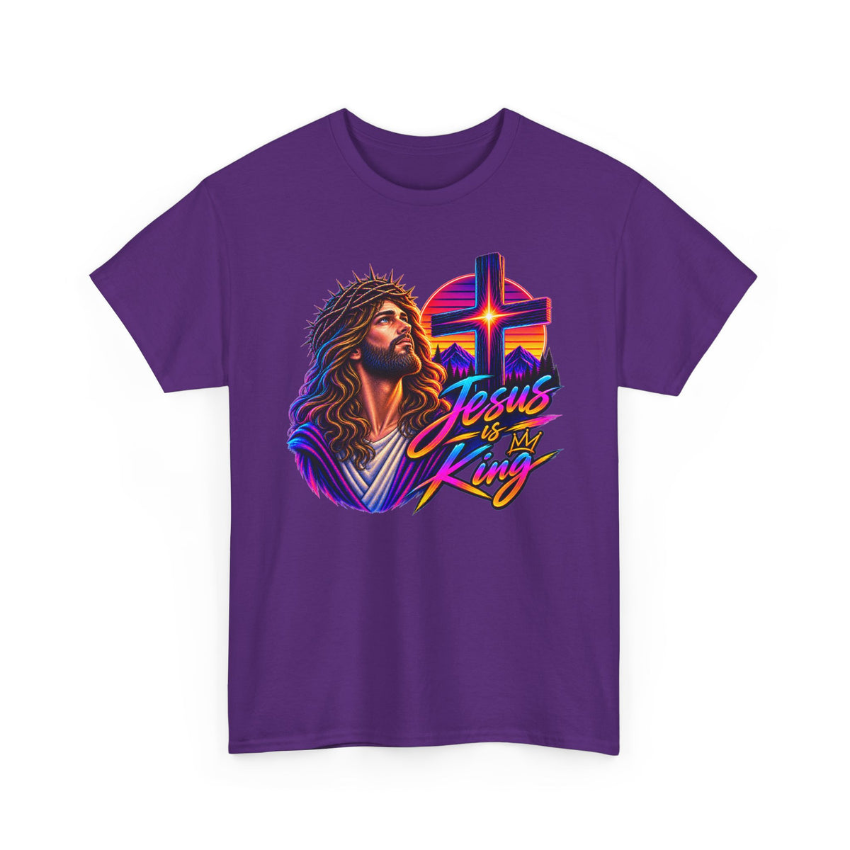 Jesus Is King T-Shirt — Neon Portrait Cross Christian Tee