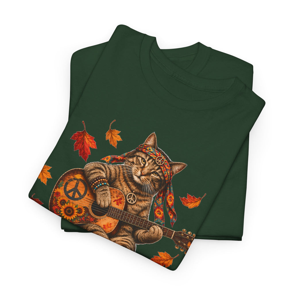 Boho  Cat Guitar T-Shirt - Hippie cat fall shirt, Peace Love Music Tee