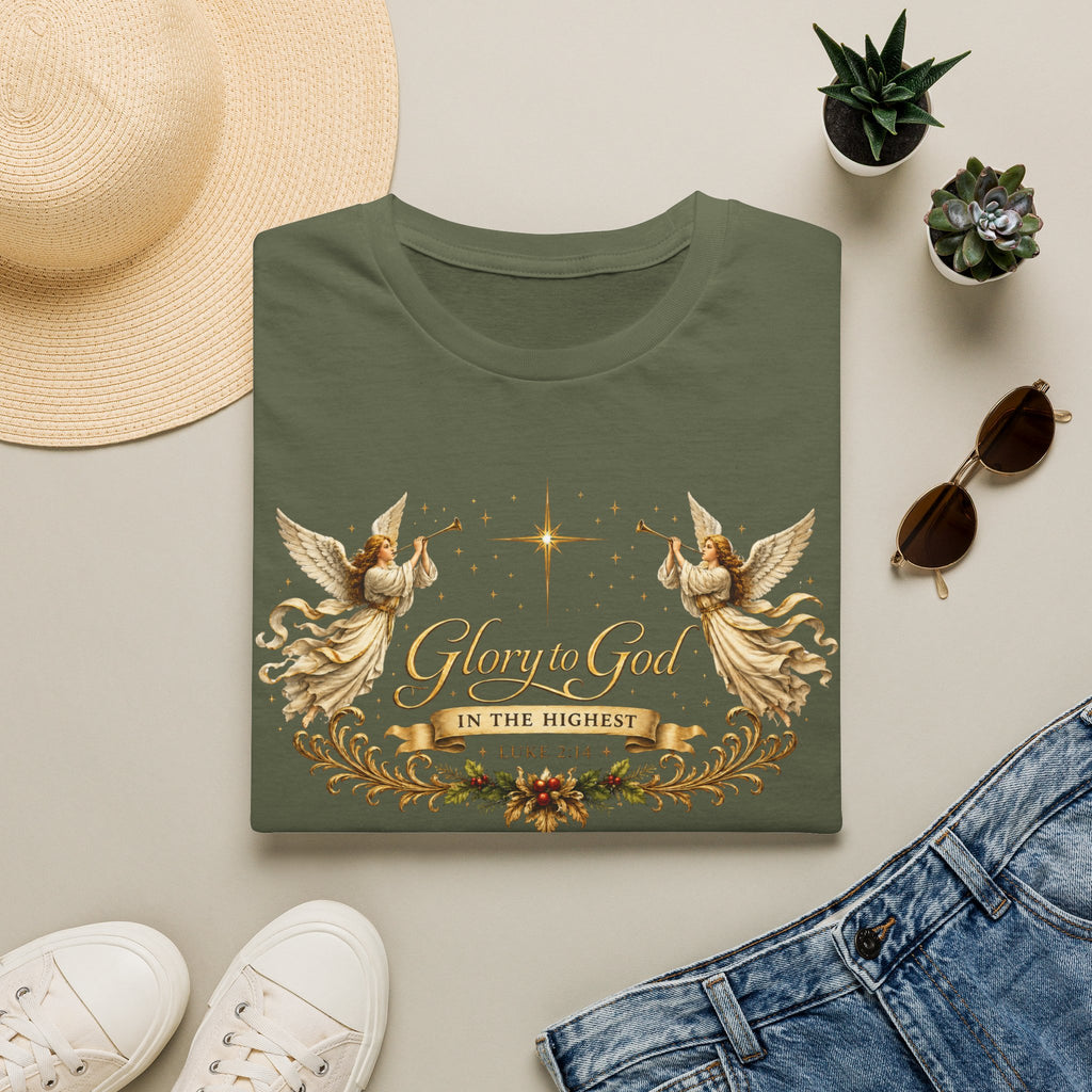Glory to God Angel Christmas T-Shirt — "In the Highest" Nativity Holiday Tee
