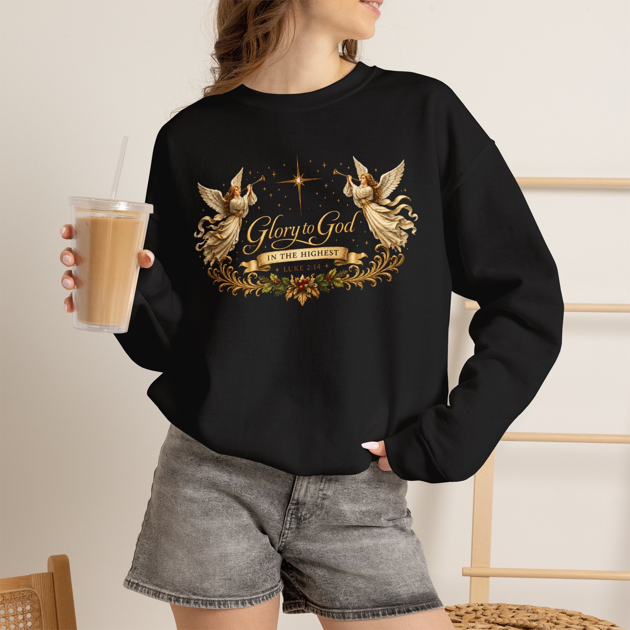 Glory to God Crewneck Sweatshirt — Angel Wings & Star Christian Holiday Pullover