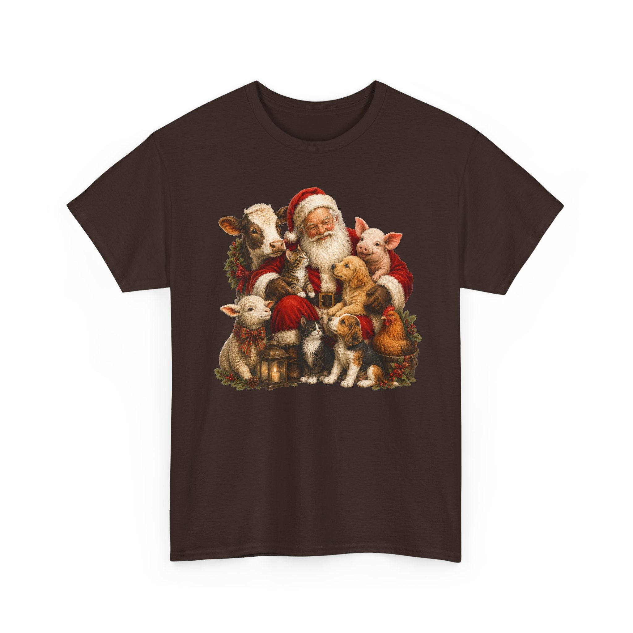 Santa with Farm Animals Christmas Tee — Vintage Holiday Animal Lover Shirt