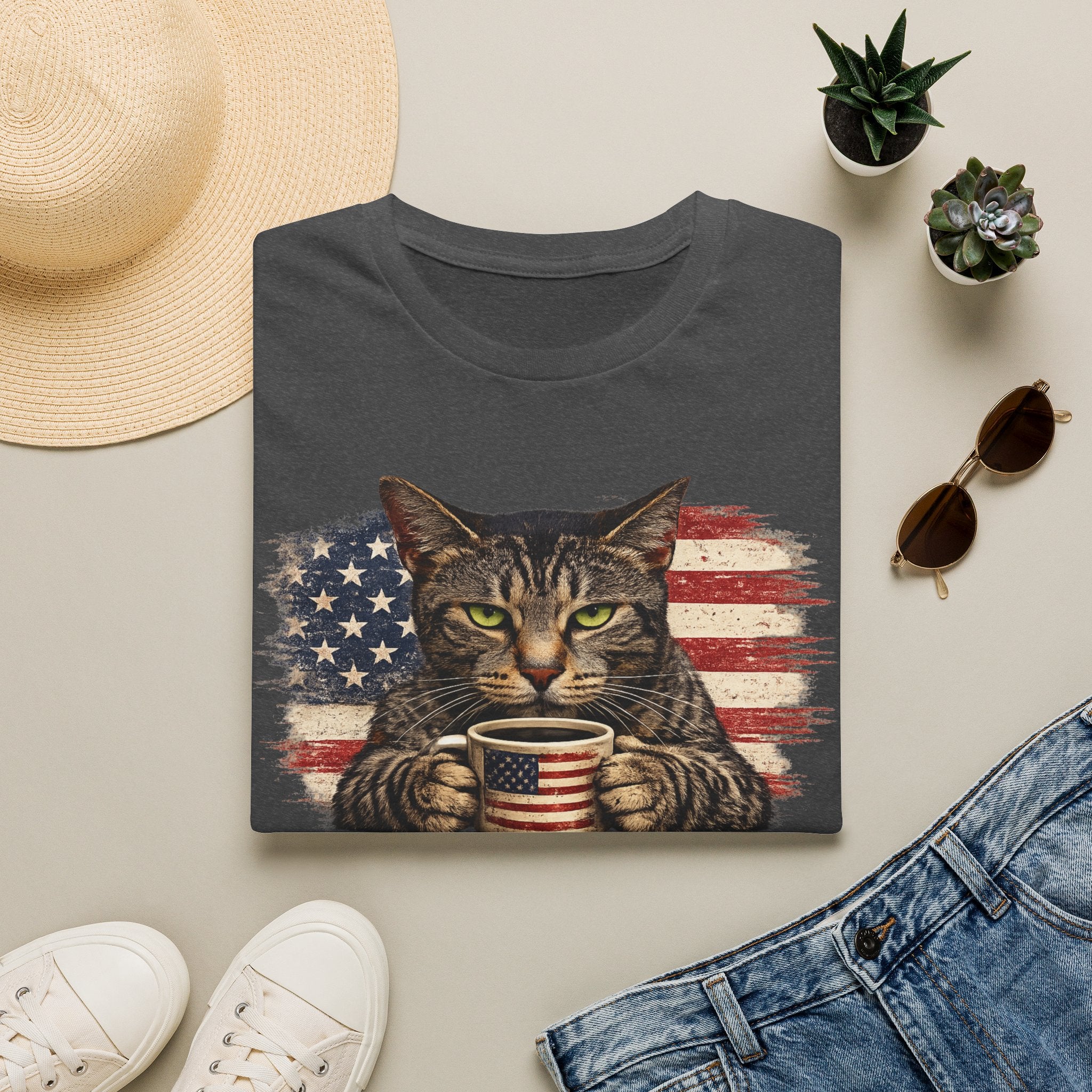 Patriotic Cat T-Shirt — American Flag Kitty with Coffee Mug
