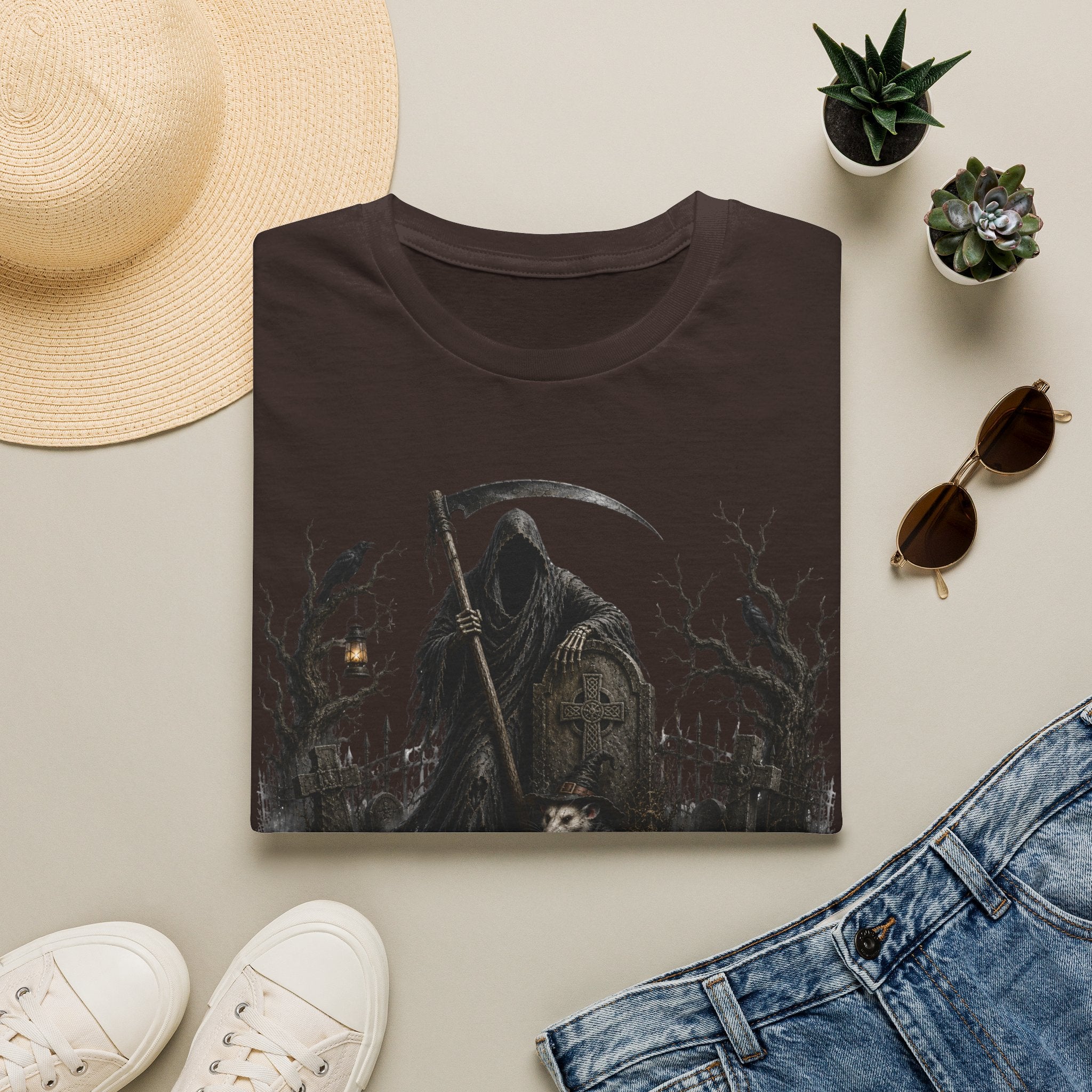 Grim Reaper Cemetery T-Shirt — Gothic Halloween Scythe Design