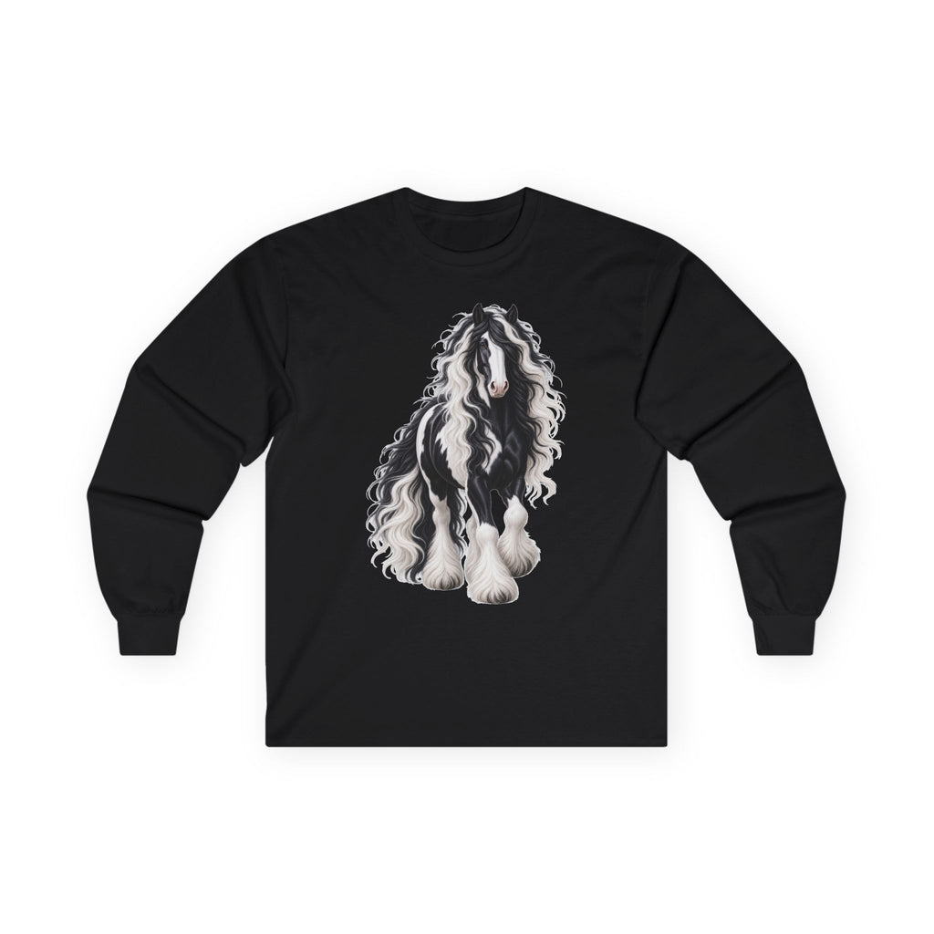 Gypsy Vanner Horse Long Sleeve Tee — Black & White Fluffy Horse Art
